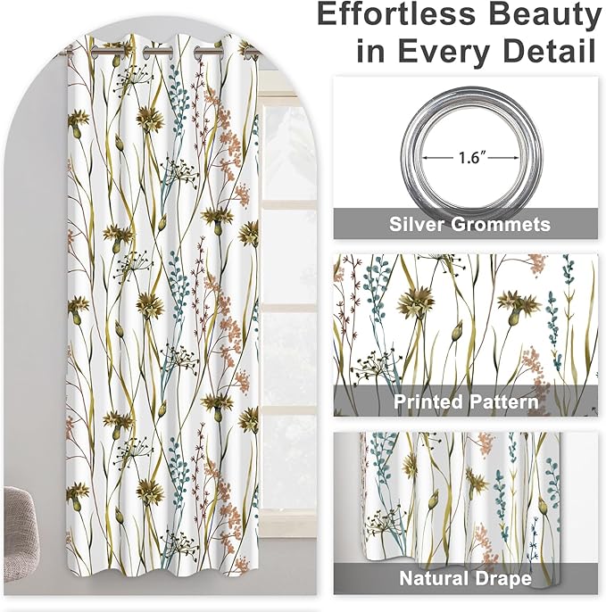Floral Patterned Black Out Curtains 63 Inch Length, Thermal Insulated Blackout Curtains for Bedroom and Living Room, Grommet Soundproof Privacy Farmhouse Room Darkening Window Curtains 2 Panels Set