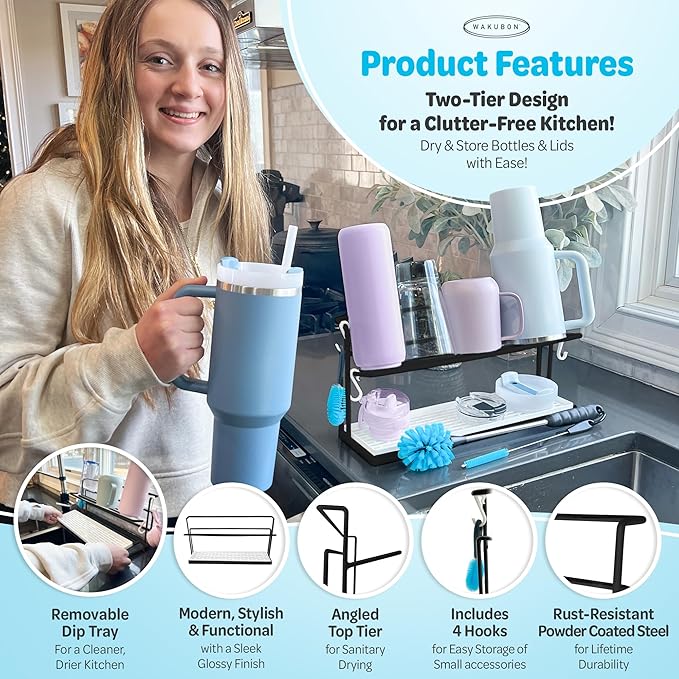 WAKUBON Bottle Drying Rack for Kitchen Countertop - Two-Tier for Water Bottles and Tumblers, Space-Saving Storage Stand with Drainage Tray, Includes Water Bottle Drying Rack Brush Cleaning Set (Black)