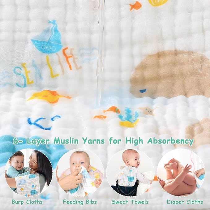 Looxii Muslin Burp Cloths 100% Cotton Muslin Cloths Large 20''x10'' Extra Soft and Absorbent 6 Pack Baby Burping Cloth (Whale)