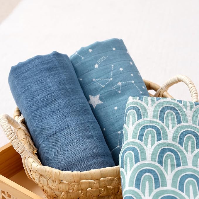 Happy Flute 3 Set Muslin Swaddle Blankets,Essential Baby&Newborn Swaddling,Perfect for Boys&Girls,Receiving Blankets,Nursing,Stroller Cover,Large 47.2x43.3 inches Swaddle Wrap Burping Clothes. (Blue)
