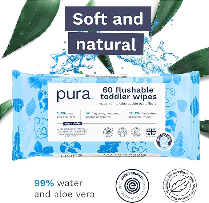Pura Flushable Toddler Wipes 10 x 60 Wipes (600 Wipes), 100% Plastic Free, 99% Water, Hypoallergenic & Fragrance Free, Totally Chlorine Free, Kids Toilet Wipes, Sensitive Skin