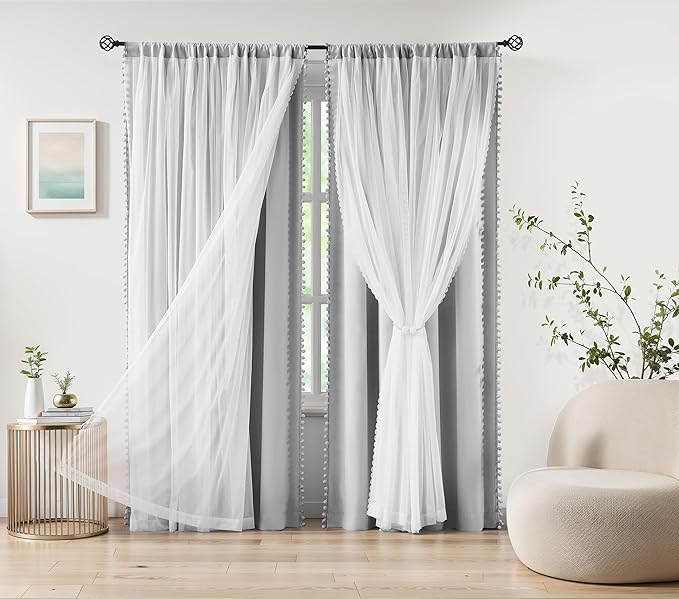 Treatmentex Pom-Pom Blackout Curtains with Sheer Overlay for Living Room Bedroom Kid's Nursery Room, Grey Mix and Match Double Layer Room Darkening Window Curtain Panels with Tie Backs, 2 pcs, 52x84
