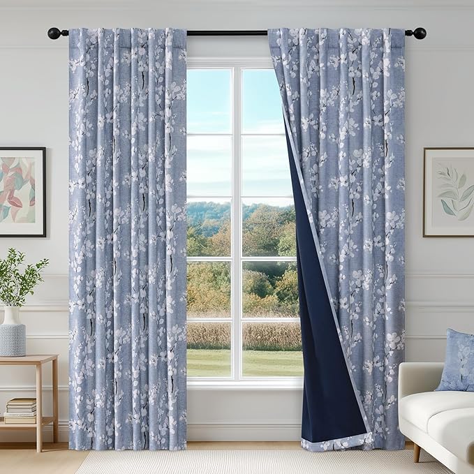 FMFUNCTEX 100% Blackout Floral Curtains for Bedroom, Blue Curtains 96 inch Length Blossom Flower Patterned for Living Room, Thermal Insulated Farmhouse Drapes, Rod Pocket 2 Panels (White on Blue)