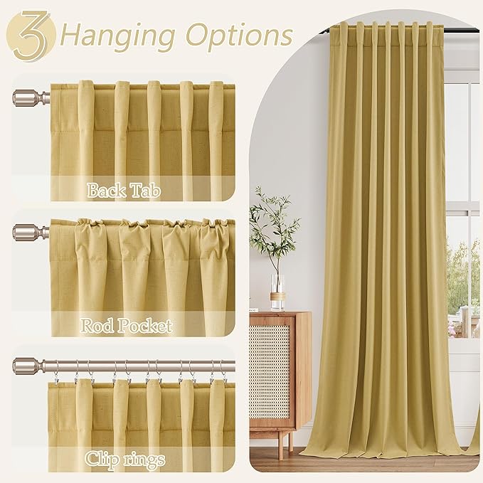 Guken 100% Blackout Curtains 84 Inch Length 2 Panels Set for Living Room Bedroom Back Tab Thermal Insulated Black Out Linen Drapes Room Darkening Window Curtains 84 Inches Long,Gold