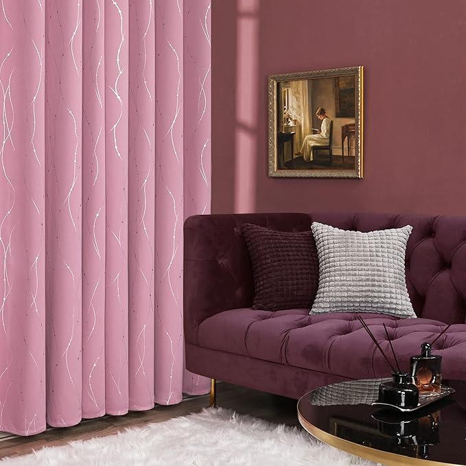 Deconovo Short Blackout Curtain, Pink Curtain, Thermal Insulated Soundproof Grommet Drapes, Wave Line Dot Foil Print, 38 x 45 Inch, 2 Panels, Machine‑Washable Window Panel for Small Windows Kitchne
