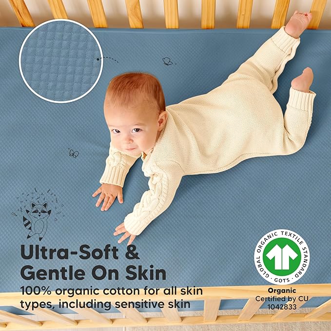 2-Pack Waterproof Crib Mattress Protector Cover Fitted - Quiet Baby Crib Mattress Pad Sheets, 52" x 28" Soft Quilted Cotton Baby Sheet, Machine Washable, Easy Fit, Durable (Lagoon/Quin)