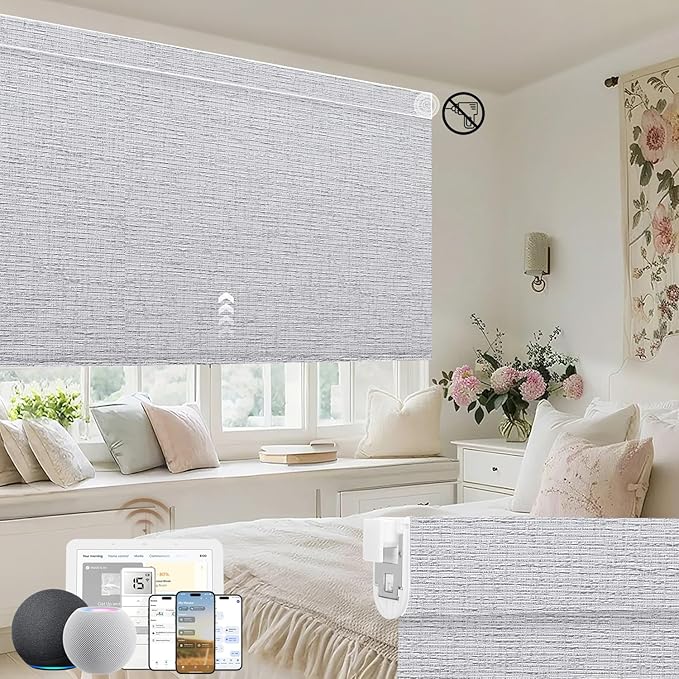 Kincmo No Drill Motorized Blinds with Remote, 100% Blackout Roller Shades for Windows, Custom Electric Blinds Compatible with Alexa, Apple Homekit, Google Home (100% Blackout Classic Smoke)