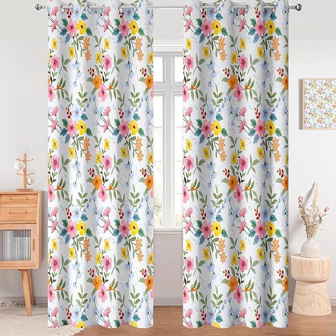 Flower Window Drapes, Pink Yellow Floral Modern Chic Blackout Room Darkening Grommets Curtains, Window Curtains for Living Room Bedroom Drom Decor 52x84 Inch