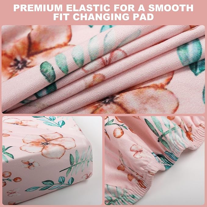 FHMJYH Changing Table Pad Cover Elastic Changing Pad Cover Premium Baby Changing Pad Cover 2 Pack for Boys Girls Soft Comfortable and Secure (Pink Flower)