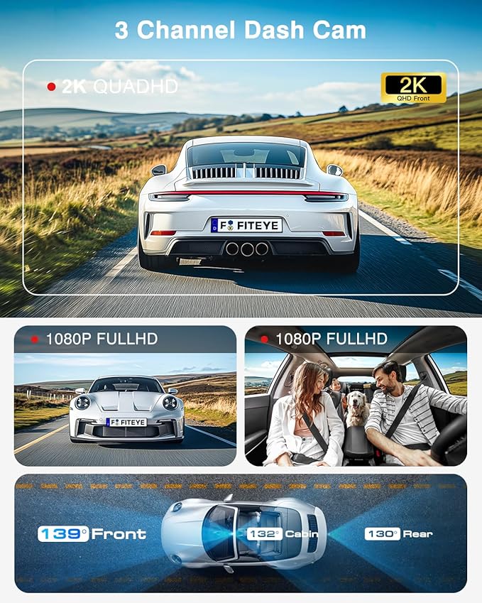 4K Dash Cam Front and Rear, 3 Channel Dash Camera with IMX335 Night Vision, WiFi GPS, Voice Control, 2K+1080P+1080P Dash Camera for Cars (64GB Card Included) Black