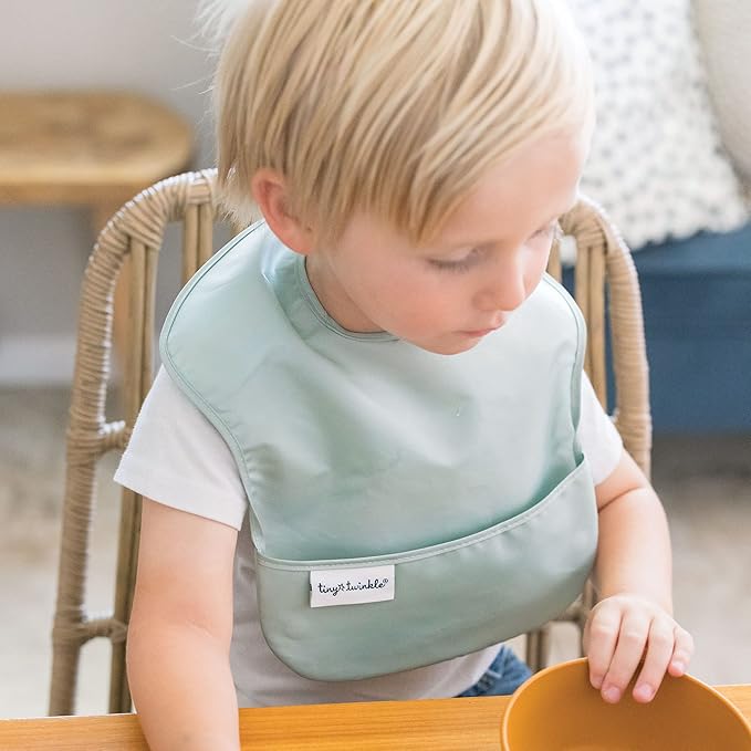 Tiny Twinkle Mess-Proof Baby Bibs for Eating | Waterproof, Wipeable Toddler Bibs with Catch-All Pocket | Feeding Bibs for Girls & Boys(3 Pack,Olive. Slate)