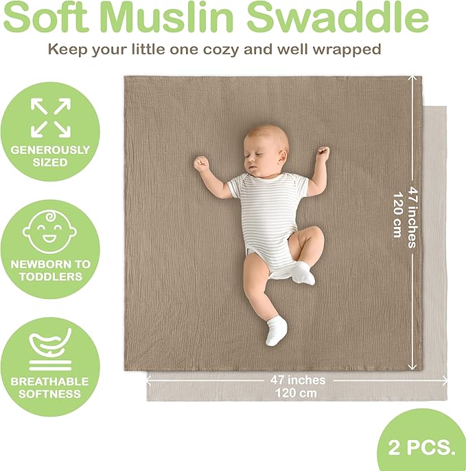 100% Organic Cotton Muslin Baby Blanket - 47 x 47 Inch Breathable Baby Girl Swaddle Blanket, Hypoallergenic Double-Layer, Soft and Cozy Baby Blankets for Sleeping & Everyday Use (Olive/Ivory)