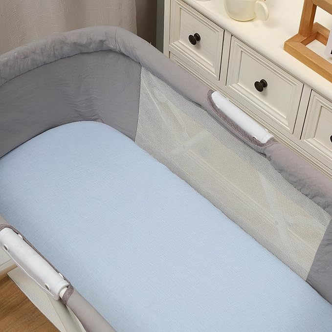 Onacosht Muslin Bassinet Sheets 3 Pack, 100% Cotton Baby Sheet 35" X 20" Compatiable with AMKE 3 in 1 Bassinets, MiClassic, Uiuwoo, Foalom, YADAQE, Milliard and TCBunny Bassinet, Beige Green and Blue