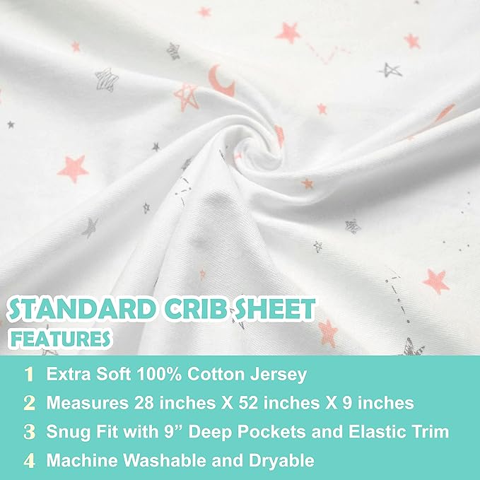 American Baby Company 3 Pack 100% Natural Cotton Fitted Crib Sheets 52" x 28" - Soft, Breathable, Hypoallergenic & Gentle Toddler Bed Sheets, Pink Stars/Blush/White, Neutral for Boys & Girls