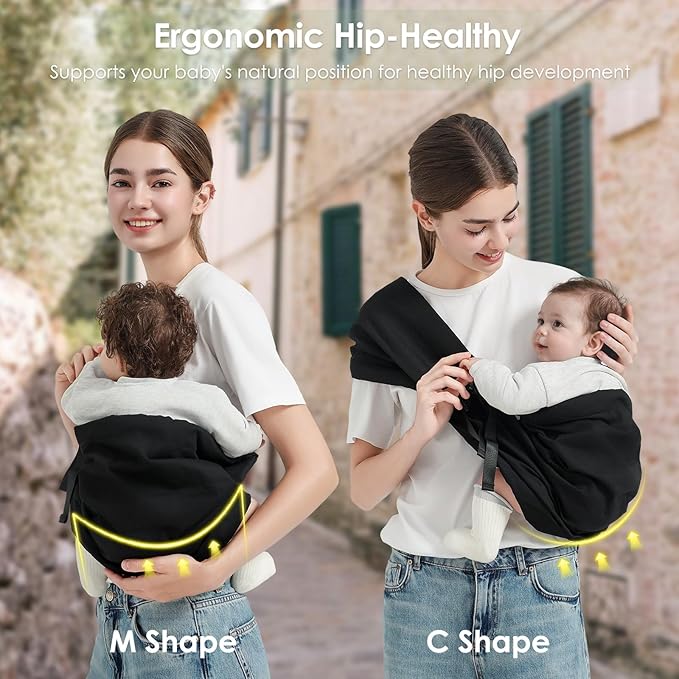 Baby Sling Carrier, Toddler Sling Carrier with Wide Shoulder Strap, Lightweight Baby Carriers Newborn to Toddler Infant Wrap Carriers Perfect for Mom and Dad, 7-30lbs, Black