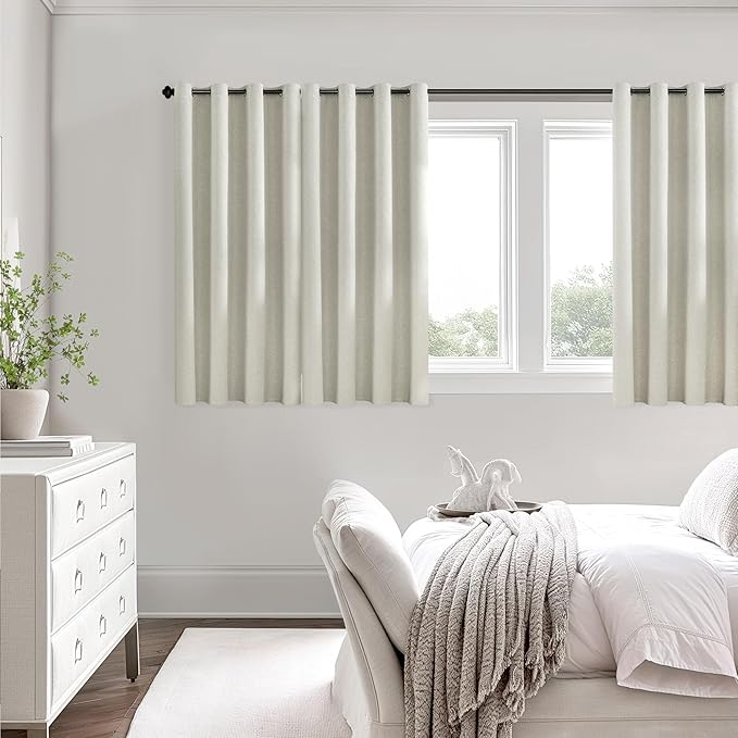 ChrisDowa 100% Blackout Greyish Beige Solid Curtains 45 Inches Long 2 Panels for Bedroom Living Room,Farmhouse Room Darkening Thermal Insulated Soundproof Grommet Top Window Treatment Drapes,52x45