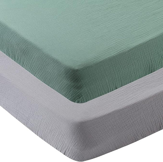 Onacosht Muslin Crib Sheets for Boys Girls, Soft Breathable 100% Cotton Baby Fitted Sheet 52" x 28" for Standard Toddler Crib Mattress, 2 Pack, Grey and Green