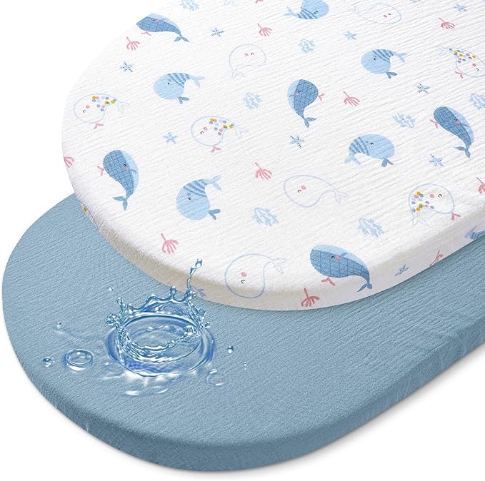 Baby Bassinet Sheets TPU Waterproof 2 Pack Soft Muslin Bedside Bassinet Mattress Sheets with Bottom Elastic Band for Baby Boy Girls Unisex Fit Hourglass Oval and Rectangle, Dusty-Blue