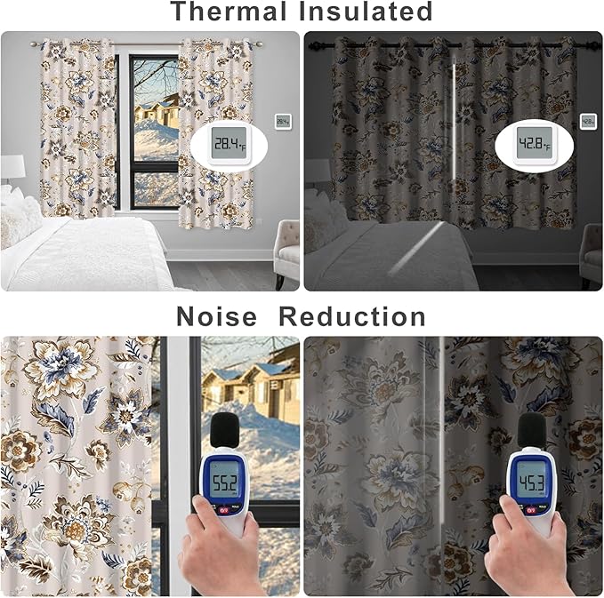 Floral Blackout Curtains for Bedroom and Living Room, Farmhouse Room Darkening Soundproof Thermal Insulated Blackout Curtains for Winter, Grommet Black Out Window Curtains 63 Inch Long 2 Panels Set