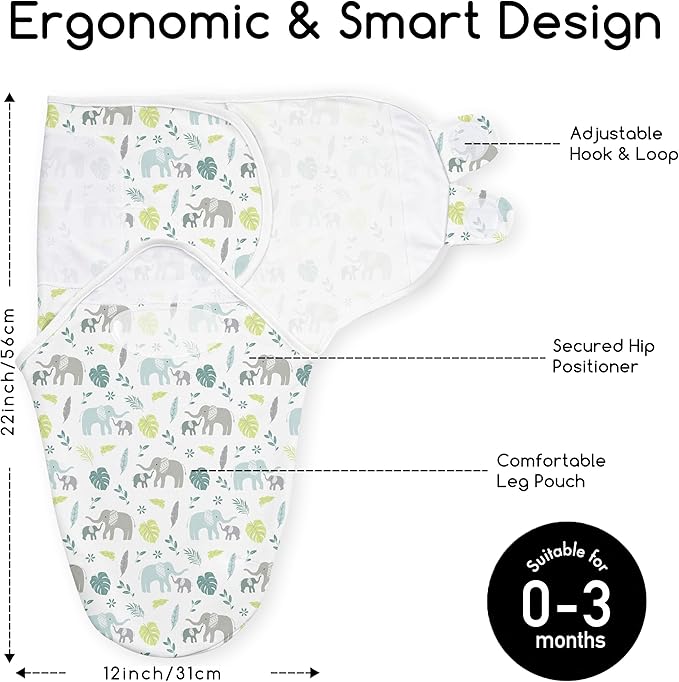 Baby Swaddles for Newborn Organic Cotton,Soft & Snug Newborn Velcro Swaddle 0-3 Months Sleep Sack Helps Calm Startle Reflex, 2-Pack Wrap Nursery Swaddling Blankets Sage Elephant