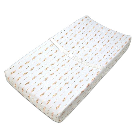 American Baby Company Printed 100% Cotton Knit Fitted Contoured Changing Table Pad Cover - Compatible with Mika Micky Bassinet, Sparkle Gold/Pink Feathers, for Boys and Girls