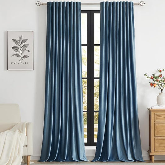 PRIMROSE Velvet Curtains 72 inch Long for Living Room,Set of 2 Panels Stone Grayish Blue Blackout Rod Pocket Back Tab Window Treatment Room Darkening Heavy Decorative Curtains Drapes for Bedroom