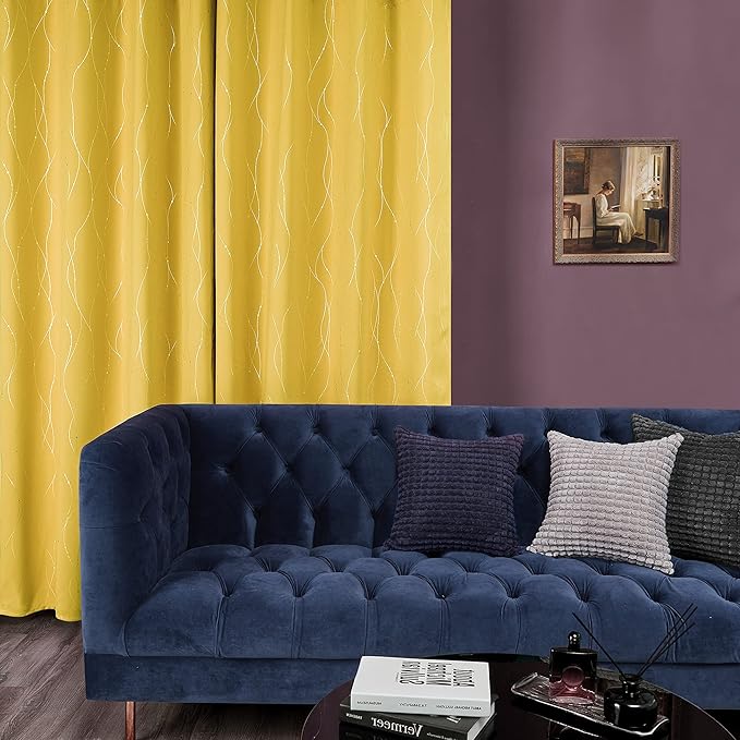 Deconovo Yellow Curtains, Blackout Drapes, Thermal Insulated Soundoroof Pravicy Curtain with Wave Dots Foil, 42 x 72 Inch, Machine Washable Panels for Small Windows Office Nursery Living Room Bedroom
