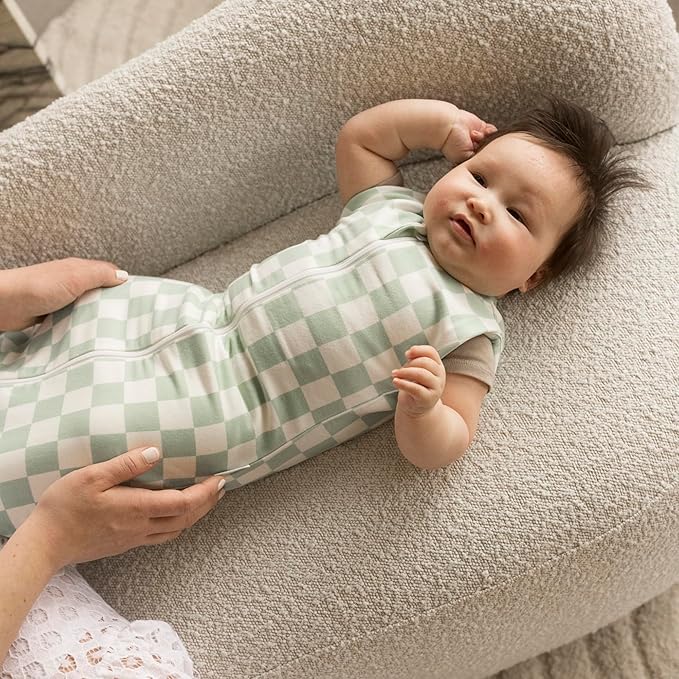 Tiny Twinkle Baby Sleep Sack 6-12 Months | 1.0 TOG, Cotton & Elastane Wearable Blanket | Swaddle Transition Micro-Fleece, Machine Washable (Sage Checkers)