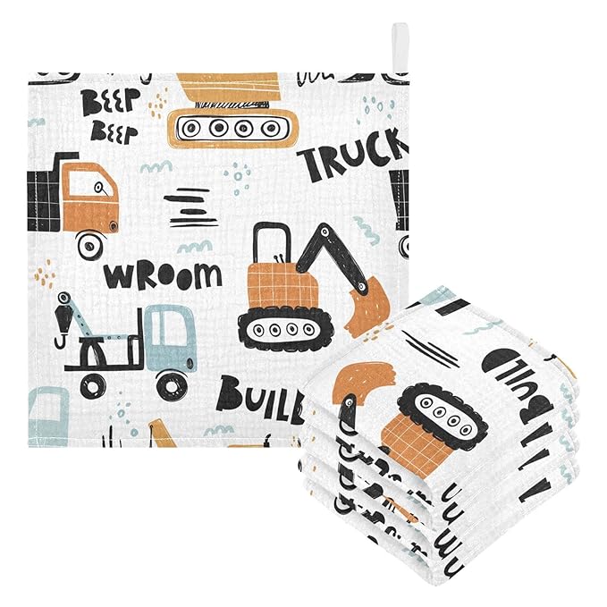 vvfelixl Building Equipment Construction Transpor Baby Burp Cloths, Baby Muslin Washcloths for Boys Girls, Cotton Baby Face Towel for Newborn Infants Soft and Absorbent 11.8 X 11.8 in, 5 Pack