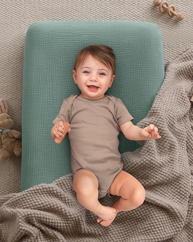 Blissful Diary Muslin Changing Pad Cover for Girls Boys, Ultra Soft Breathable Cotton, Baby Diaper Change Table Pad Covers, 2Pack (Checkered Green & Sage Green)