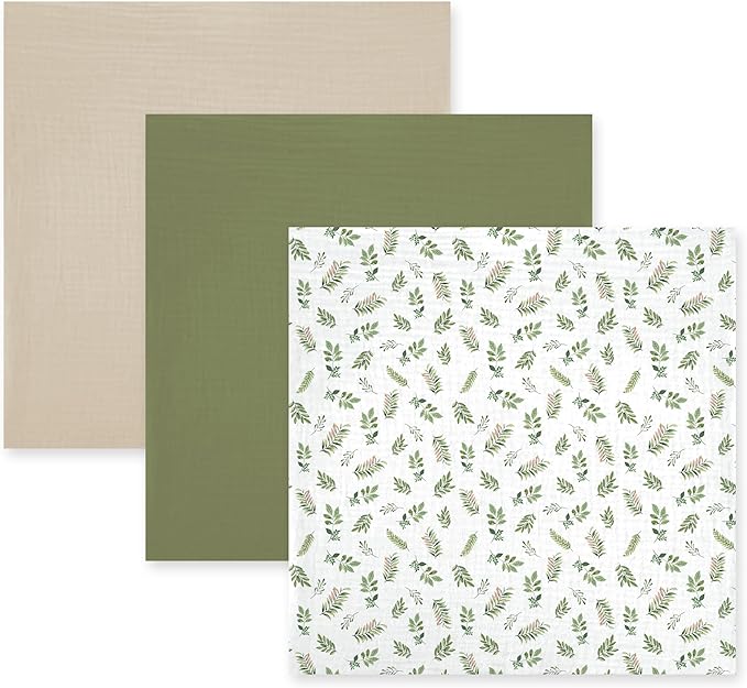 3-Pack 100% Cotton Muslin Swaddle Blankets, Large 47 x 47 Inches — Breathable Soft Receiving Blankets for Newborns, Swaddling Wraps, Registry Gift (Leafy Green Nature)