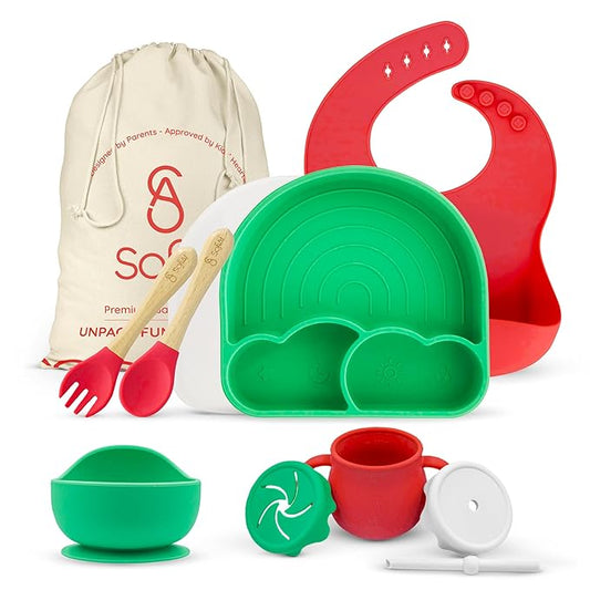 SofiAl All In One Silicone Feeding Set - Safe for 6-12 Months - Non-Toxic Baby Led Weaning Supplies - Toddler Self Feeding Utensils - BPA-Free - Mess Free Essentials