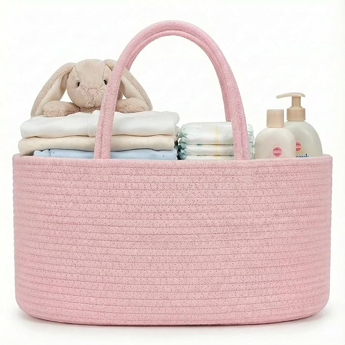 luxury little Diaper Caddy Organizer, Large Cotton Rope Nursery Baby Basket, Changing Table Organizer for Baby Diaper Storage, Portable Car Organizer Removable Divider (Light Pink, Large)