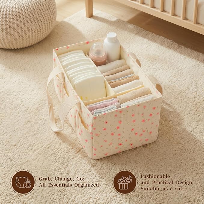 Baby Diaper Caddy Organizer with Portable Changing Mat-Portable Baby Organizers and Storage, Gift for Baby Shower, Baby Essentials Organizer with Removable Dividers (Pink Floral)