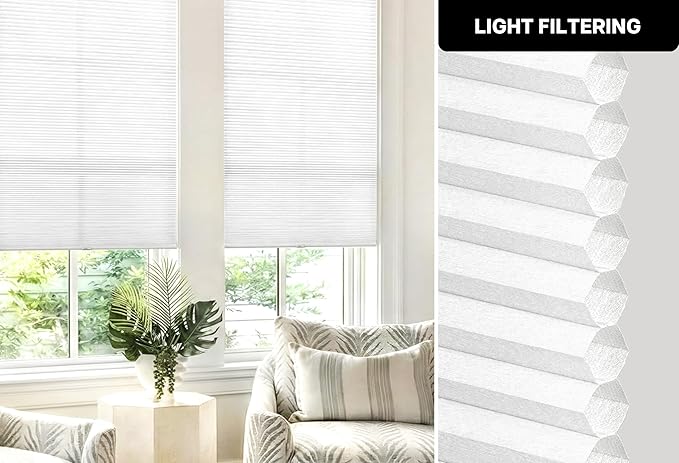 LazBlinds Cordless Cellular Shades, No Tools No Drill Light Filtering Honeycomb Shades Pleated Blinds for Windows, 44'' W x 64'' H, White
