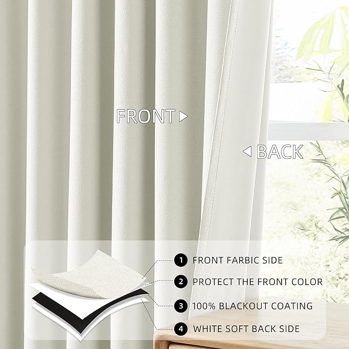 ChrisDowa 100% Blackout Ivory Solid Curtains 102 Inches Long 2 Panels for Bedroom Living Room,Farmhouse Room Darkening Thermal Insulated Soundproof Grommet Top Window Treatment Drapes,52x102