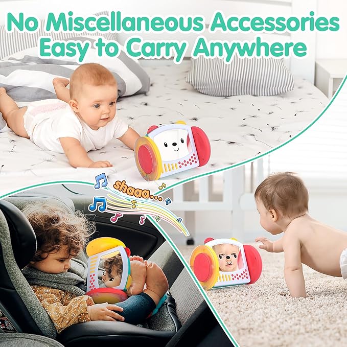 PLAY Tummy Time Toys Rolling Baby Mirror Activity Toy for Newborn 0 3 6 9 12 Months with Teethers Infant Mirror Crawling Montessori Toys for Brain Development Visual Stimulation, Double-Sided