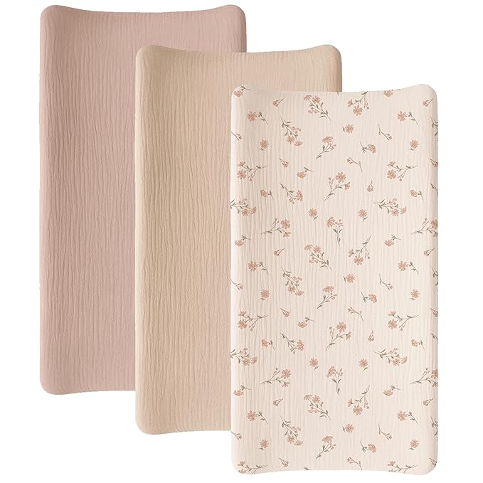 Niceye Muslin Changing Pad Cover 100% Cotton 3-Pack, Soft Breathable & Absorbent, Washable Changing Table Cover for Baby Girls & Boys （Small Flower Buds）