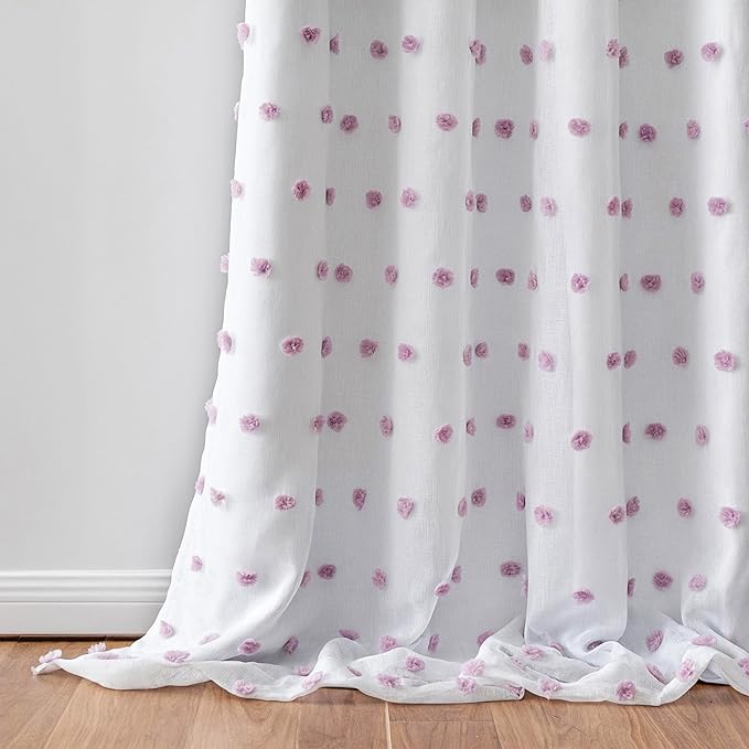MEETSKY 100% Blackout Curtains for Girls Bedroom 84 Inch Length 2 Panels,Total Light Blocking White and Purple Curtains for Kids Room,Grommet Room Darkening Window Drapes with Pom Pom Sheer 52W x 84L