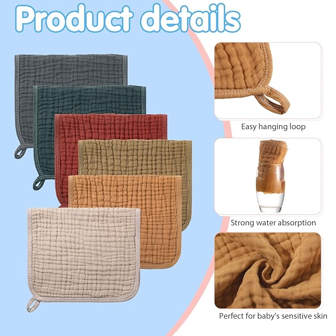 Hicarer 6 Count Muslin Burp Cloths Cotton Baby Burping Rags Large 20 x 10 Inch 6 Layers Spit up Rags Soft Absorbent Multicolor Wash Cloths Diapers for Newborn Baby Girl Boy(Dark Color Series)