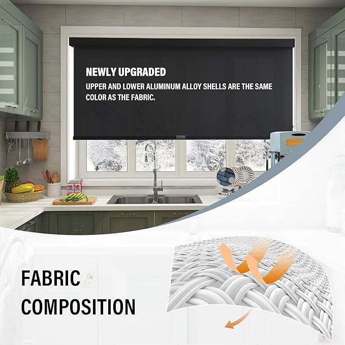 AOSKY Light Filtering Roller Shades Cordless Blinds for Windows, 1% Openness Free-Stop Shades with Valance, Thermal Insulated Fabric, UV Protection, Natural Woven Blinds（46" W x 72" H, Black）