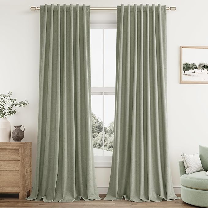 Sage Green 100% Blackout Curtains 84 Inch Length 2 Panels Set for Living Room Bedroom Back Tab Thermal Insulated Black Out Linen Drapes Room Darkening Window Curtains 84 Inches Long