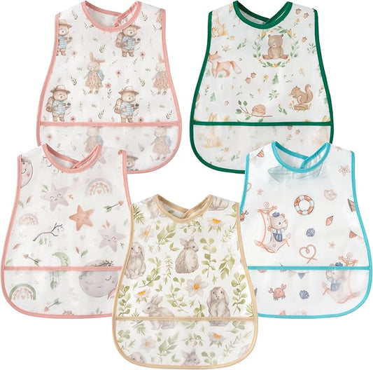 R HORSE 5Pcs Baby Bibs Set Toddler Bibs with Crumb Catcher Pocket & Snap Button Waterproof Baby Feeding Bibs for 6-24 Months