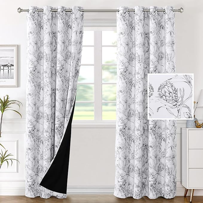 H.VERSAILTEX 100% Blackout Curtains for Living Room Camellia Floral Blackout Curtains 96 Inches Long Light Blocking Window Treatment Curtains with Black Liner Grommet Thermal Drapes, 2 Panels, Grey