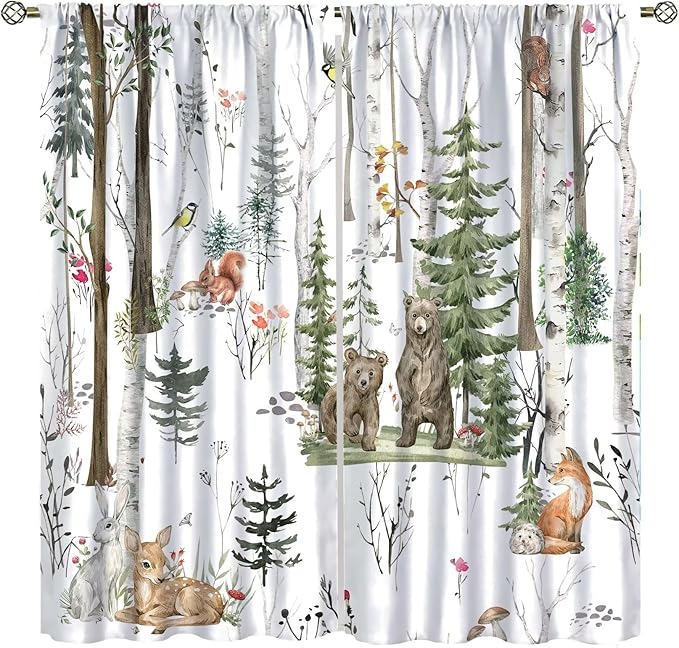Forest Animals Kids Curtains, Wild Rustic Bear Fox Deer Children Cartoon Window Treatments for Living Room, Watercolor Blackout Drapes 2 Panel Sets,52x84 Inch