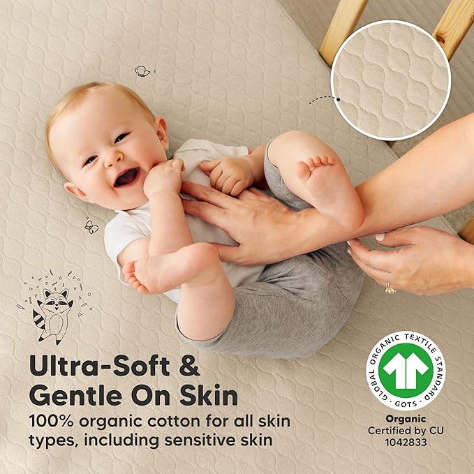 2-Pack Waterproof Crib Mattress Protector Cover Fitted - Quiet Baby Crib Mattress Pad Sheets, 52" x 28" Soft Quilted Cotton Baby Sheet, Machine Washable, Easy Fit, Durable (Oat/Mavy)