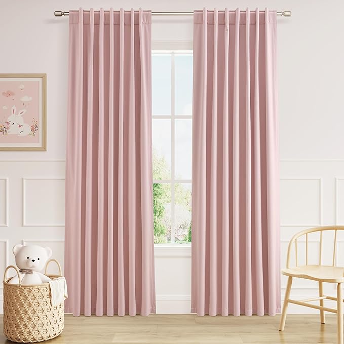 Guken 100% Blackout Linen Curtains 84 Inch 2 Panels Set for Girl's Bedroom, Living Room, Nursery, Back Tab Thermal Insulated Black Out Drapes Room Darkening, Pink