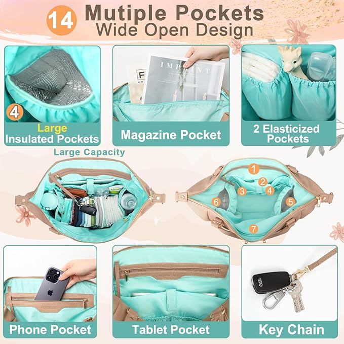MOMINSIDE Diaper Bag Tote, Leather Diaper Bag Backpack with 14 Pockets, Convertible Baby Bag for Boys Girls, Baby Registry, Changing Pad, Large 4 Insulated Pockets (Camel)