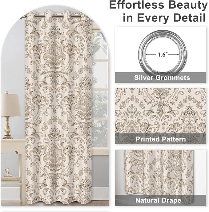 Bedroom Curtains 84 Inches Long, Blackout Curtains for Living Room Darkening, Vintage Damask Pattern Beige Curtain 2 Panels Set, Grommet Thermal Privacy Black Out Window Drapes for Bedroom Nursery