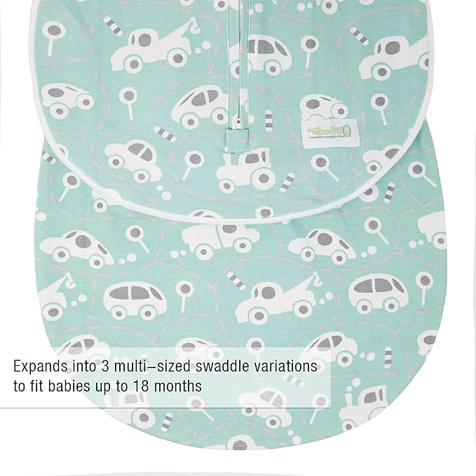 Woombie Grow with Me Baby Swaddle , Convertible Swaddle Fits 0-9 Months, Expands to Wearable Blanket for up to 18 Months, Buzzy Cars